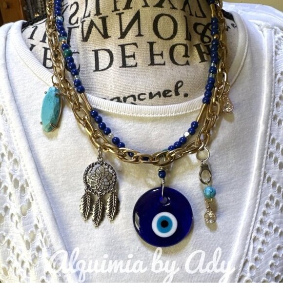 Eclectic chunky gold and blue multi charms necklace - Picture 1 of 4